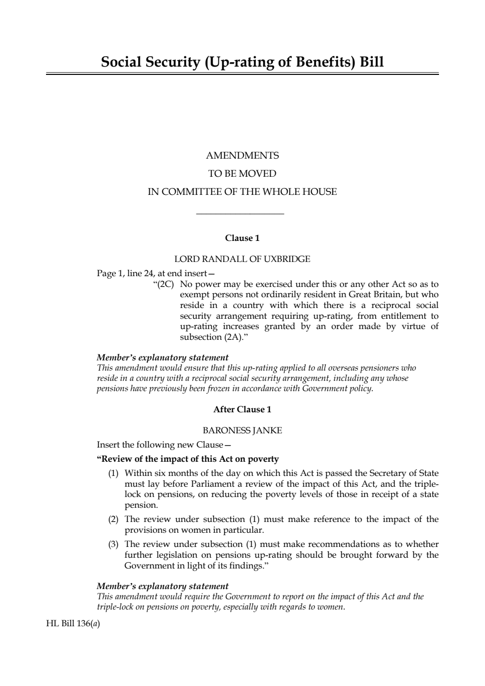 Social Security (Up-rating of Benefits) Bill Amendments to be moved in Committee of the Whole House