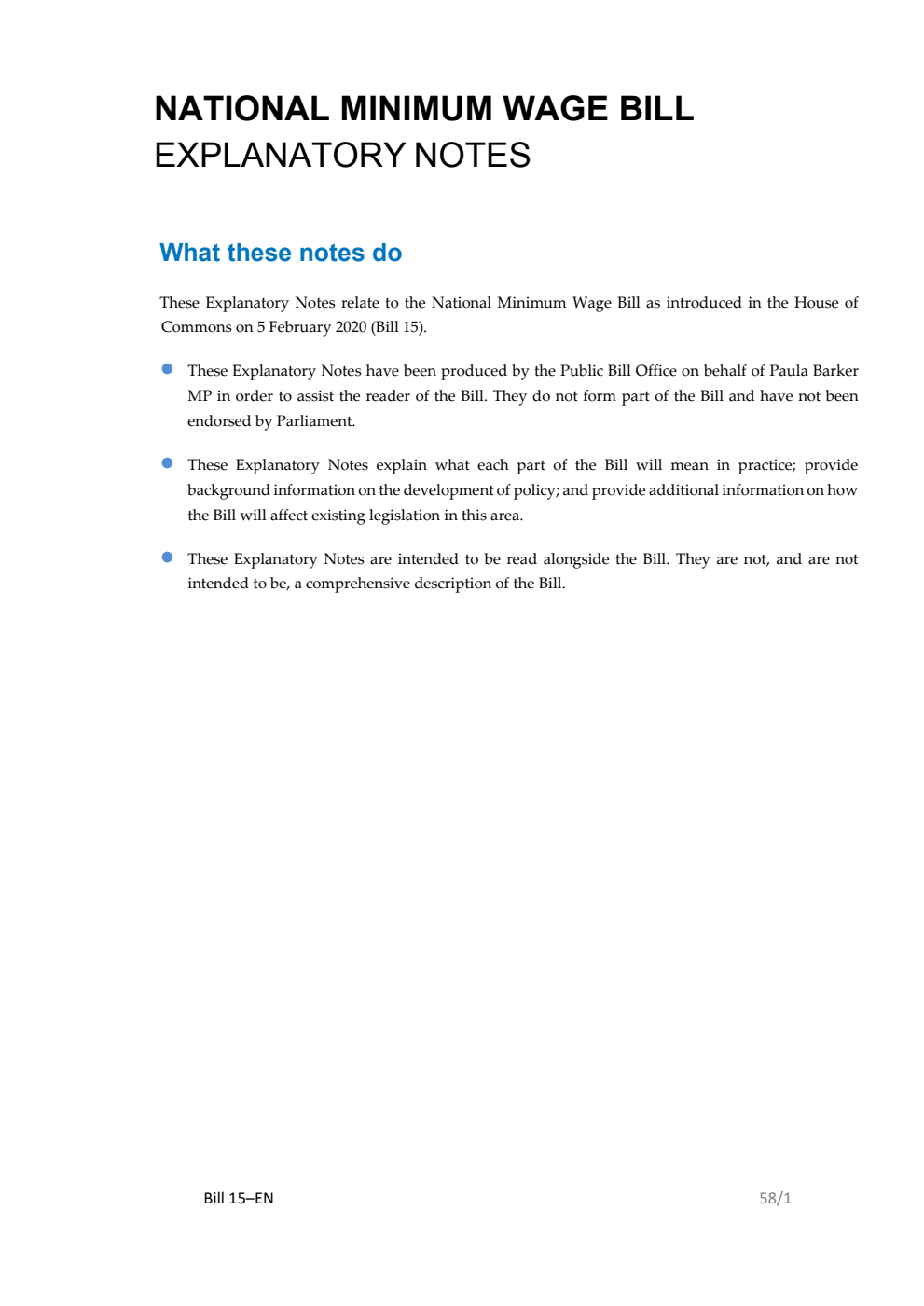 National Minimum Wage Bill Explanatory Notes