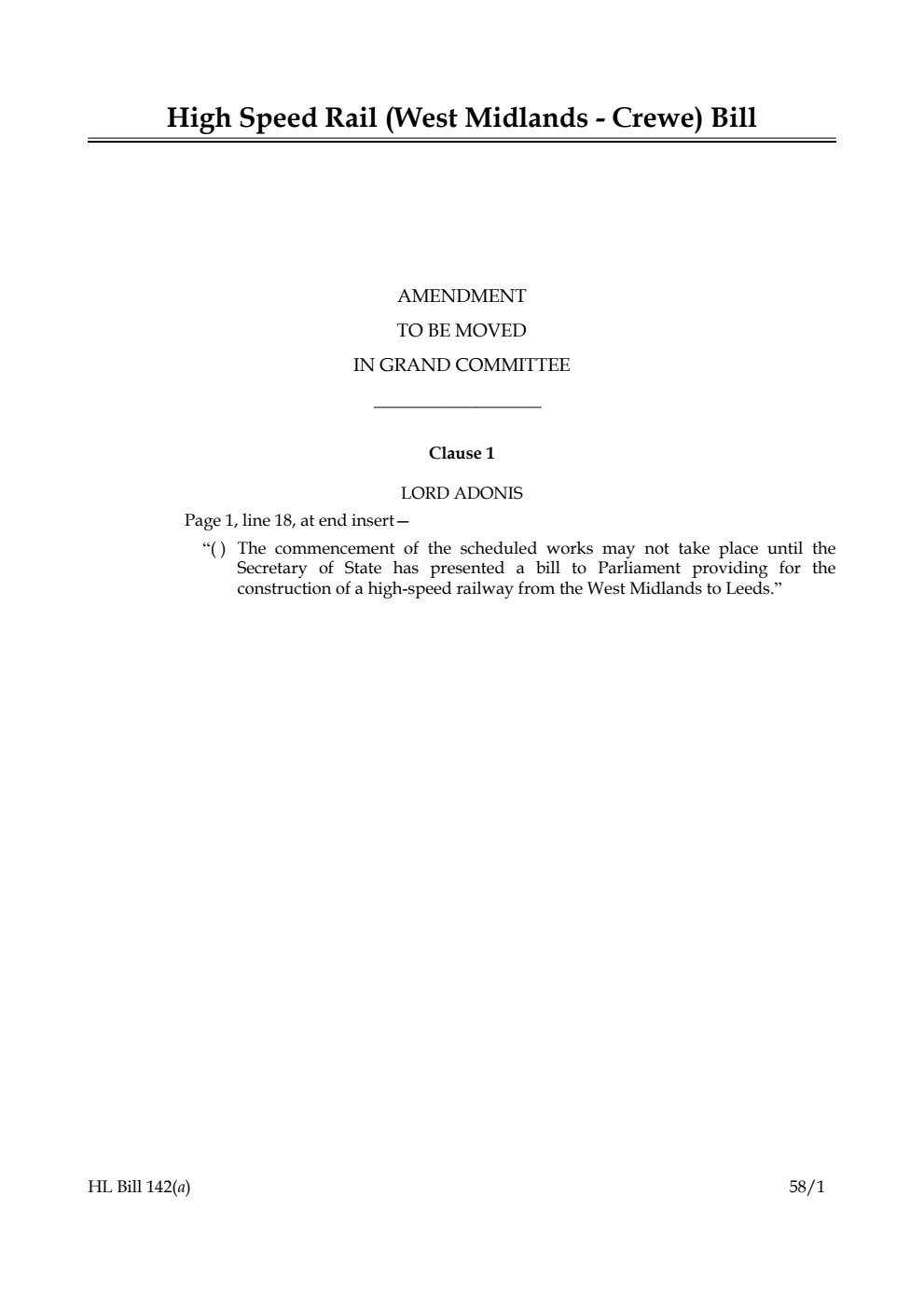 High Speed Rail (West Midlands - Crewe) Bill Amendment to be moved in Grand Committee