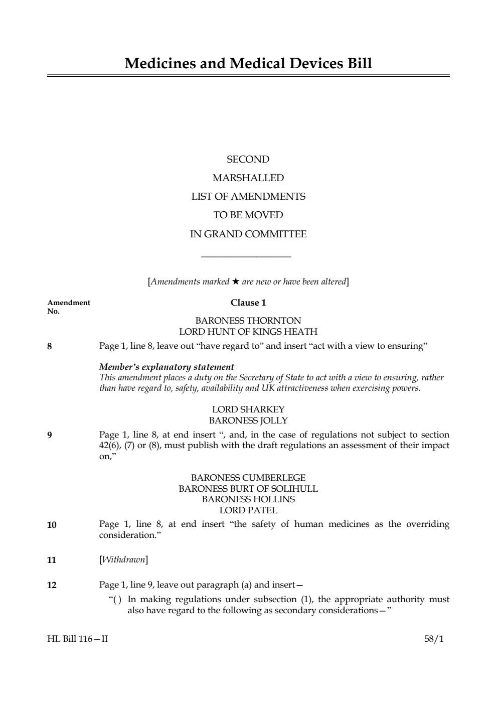 Medicines and Medical Devices Bill Second Marshalled List of Amendments to be moved in Grand Committee