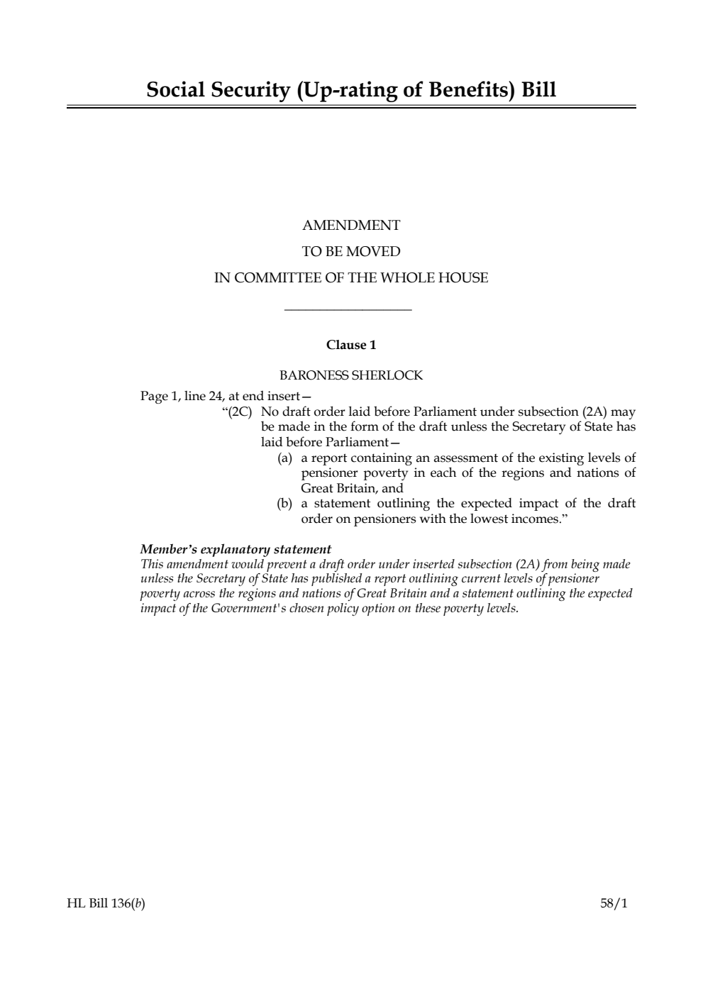 Social Security (Up-rating of Benefits) Bill Amendment to be moved in Committee of the Whole House