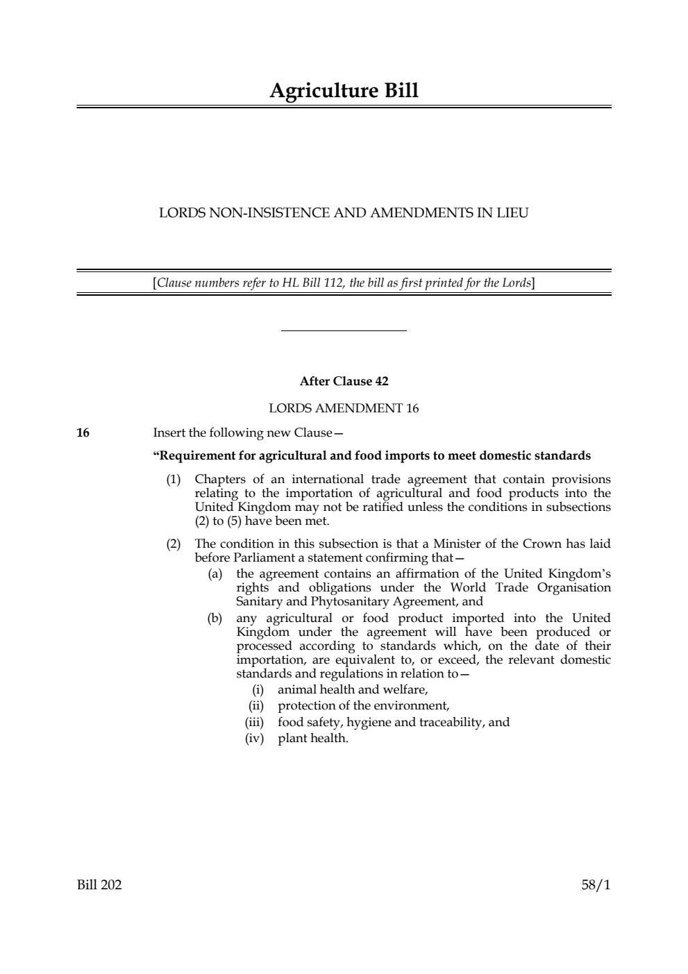 Agriculture Bill Lords non-insistence and amendments in lieu
