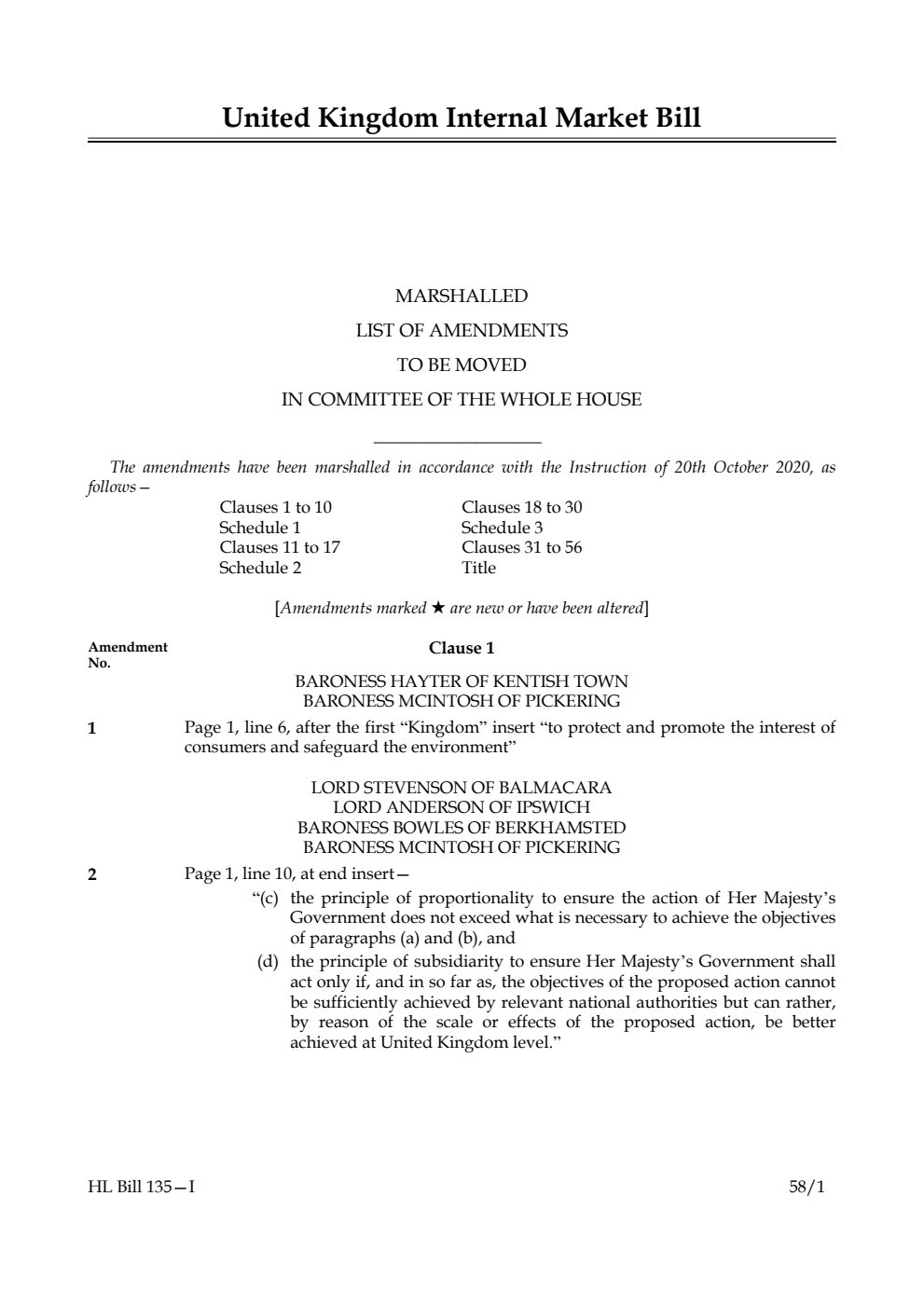 United Kingdom Internal Market Bill Marshalled List of Amendments to be moved in Committee of the Whole House