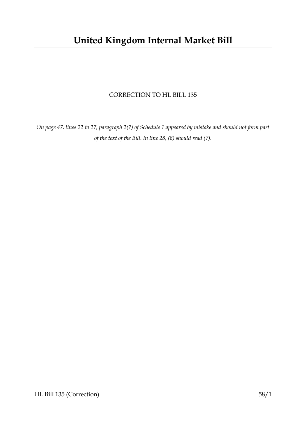 United Kingdom Internal Market Bill. Correction Slip