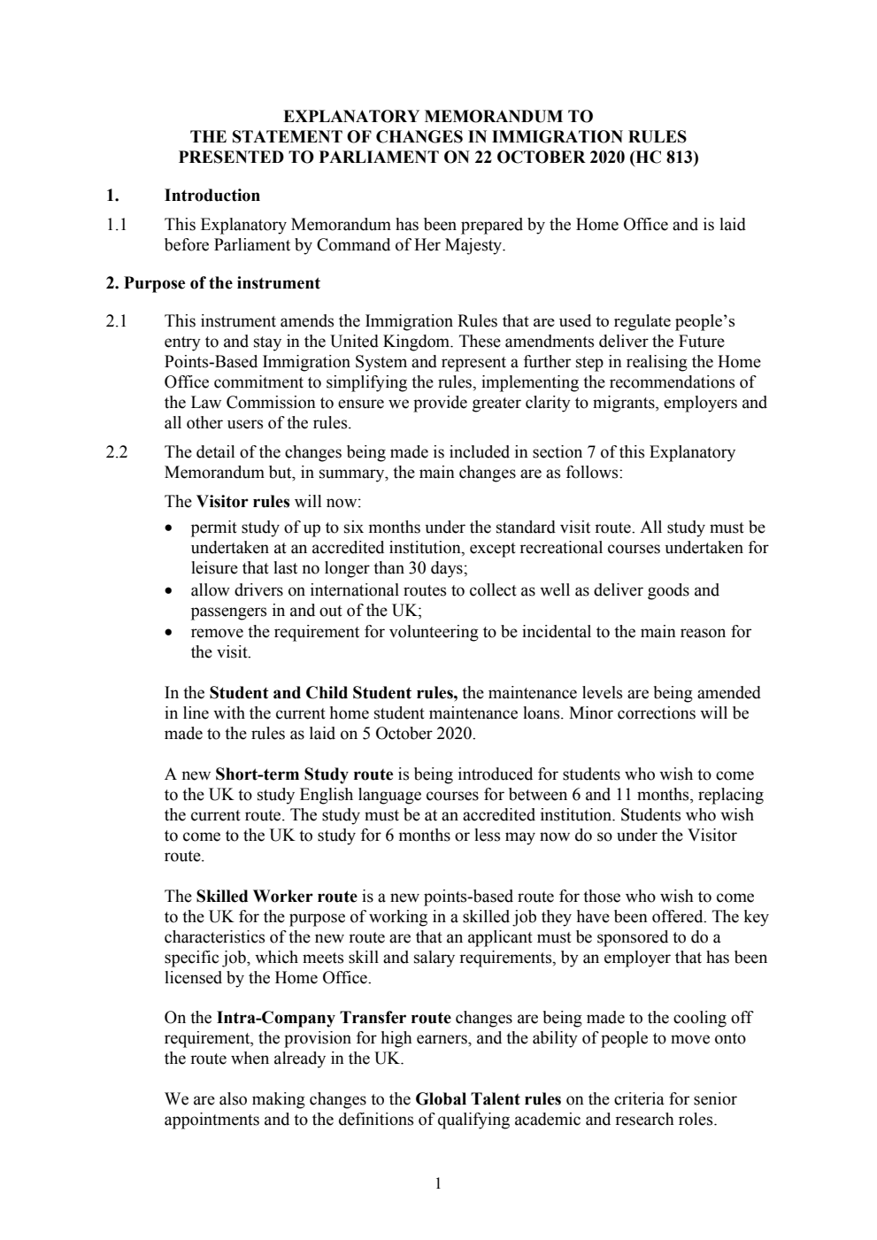 Explanatory Memorandum to the Statement of Changes in Immigration Rules