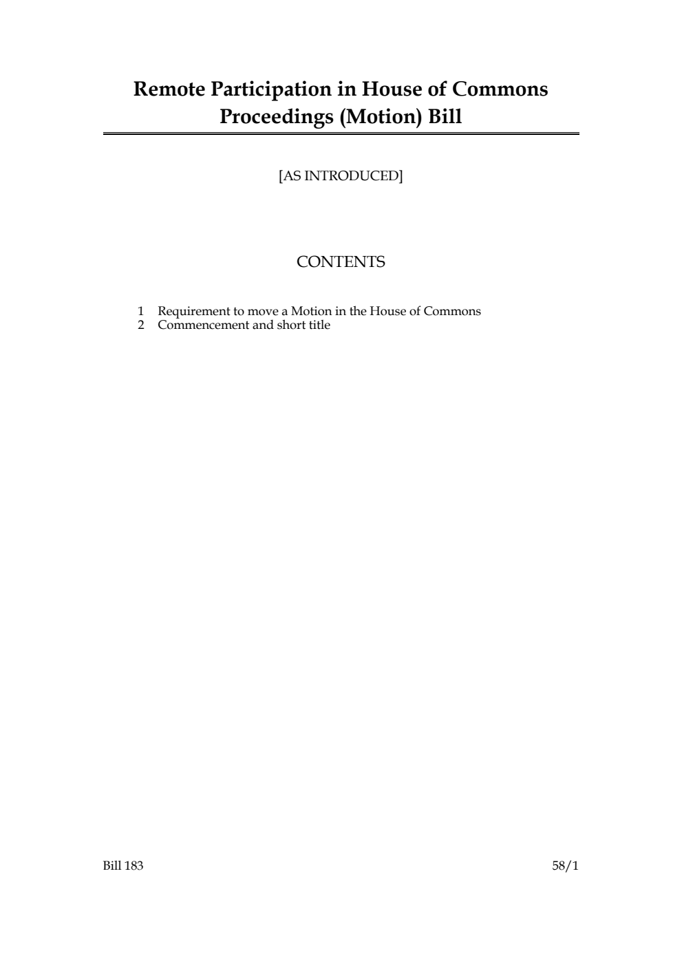 Remote Participation in House of Commons Proceedings (Motion) Bill