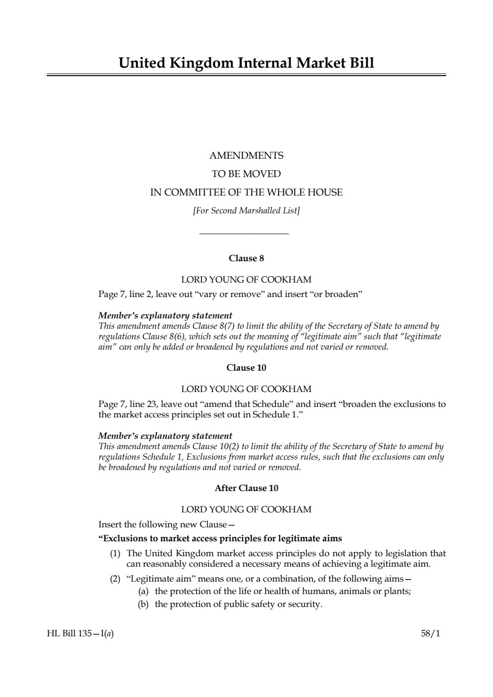 United Kingdom Internal Market Bill Amendments to be moved in Committee of the Whole House