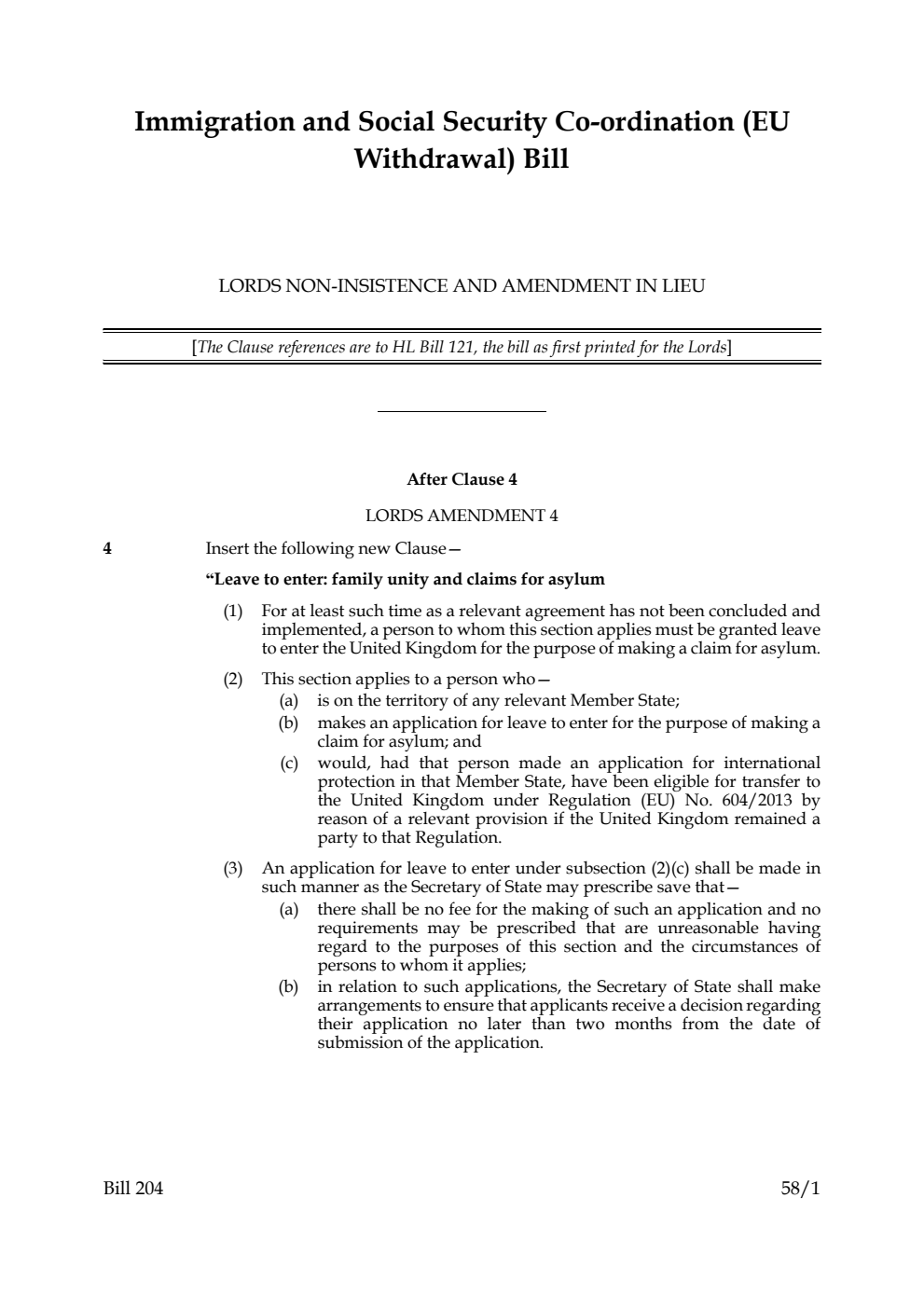 Immigration and Social Security Co-ordination (EU Withdrawal) Bill Lords non-insistence and amendment in lieu