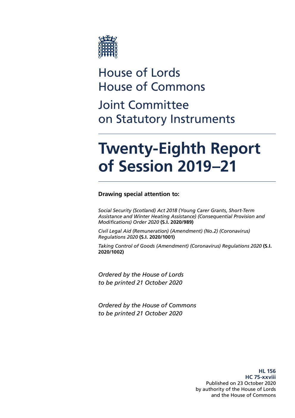 Joint Committee on Statutory Instruments 28th Report of Session 2019-21