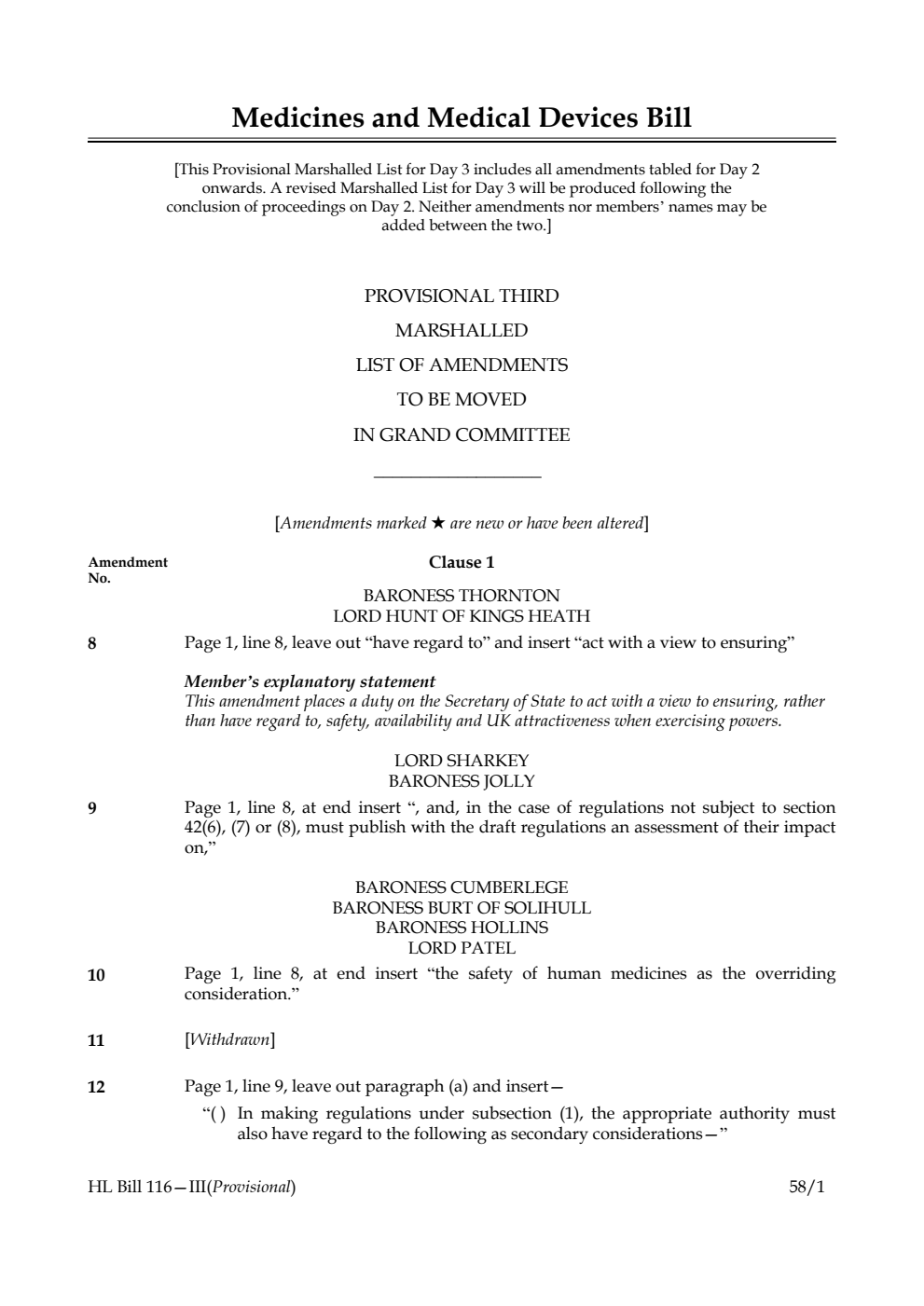 Medicines and Medical Devices Bill Provisional Third Marshalled List of Amendments to be moved in Grand Committee