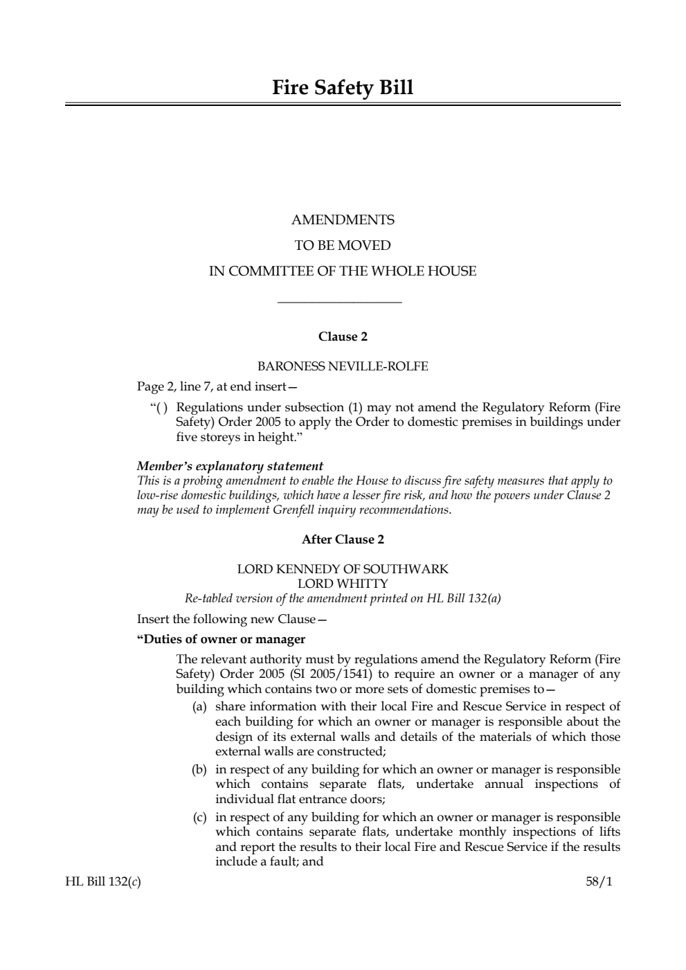 Fire Safety Bill Amendments to be moved in Committee of the Whole House