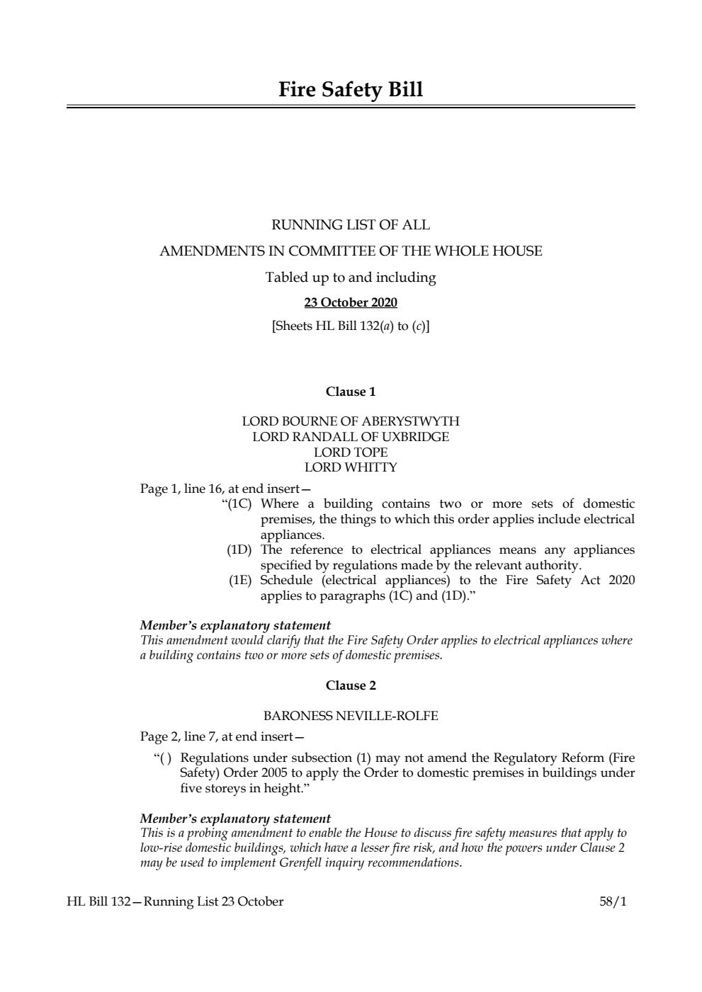 Fire Safety Bill Running List of All Amendments in Committee of the Whole House Tabled up to and including 23 October 2020