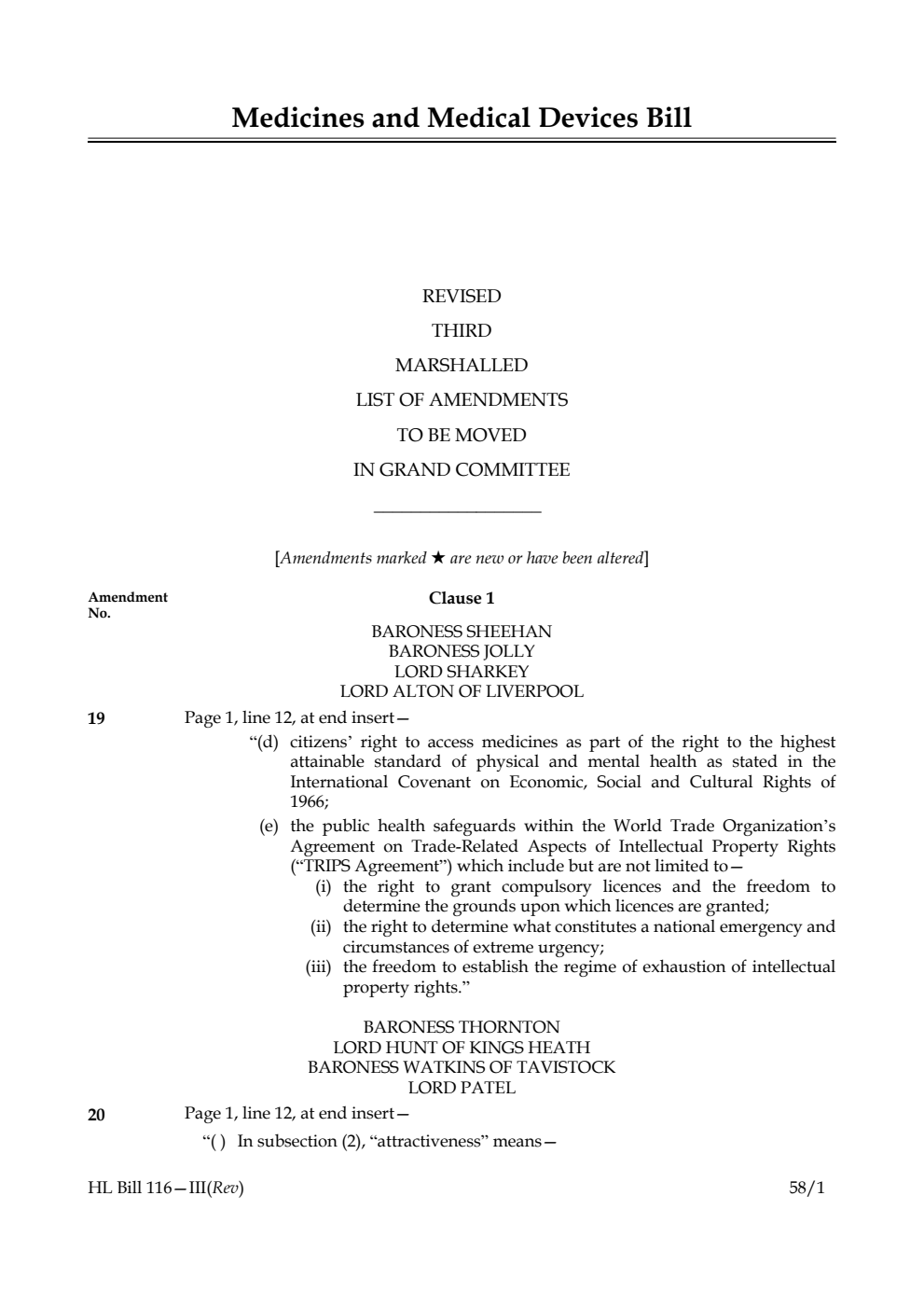 Medicines and Medical Devices Bill Revised Third Marshalled List of Amendments to be moved in Grand Committee