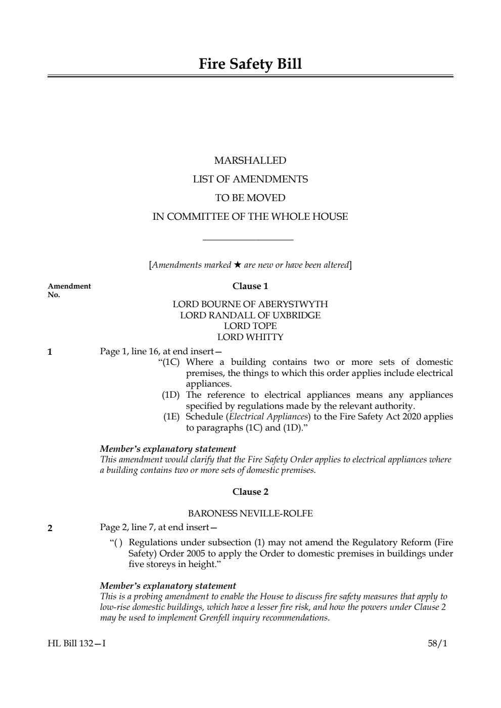 Fire Safety Bill Marshalled List of Amendments to be moved in Committee of the Whole House