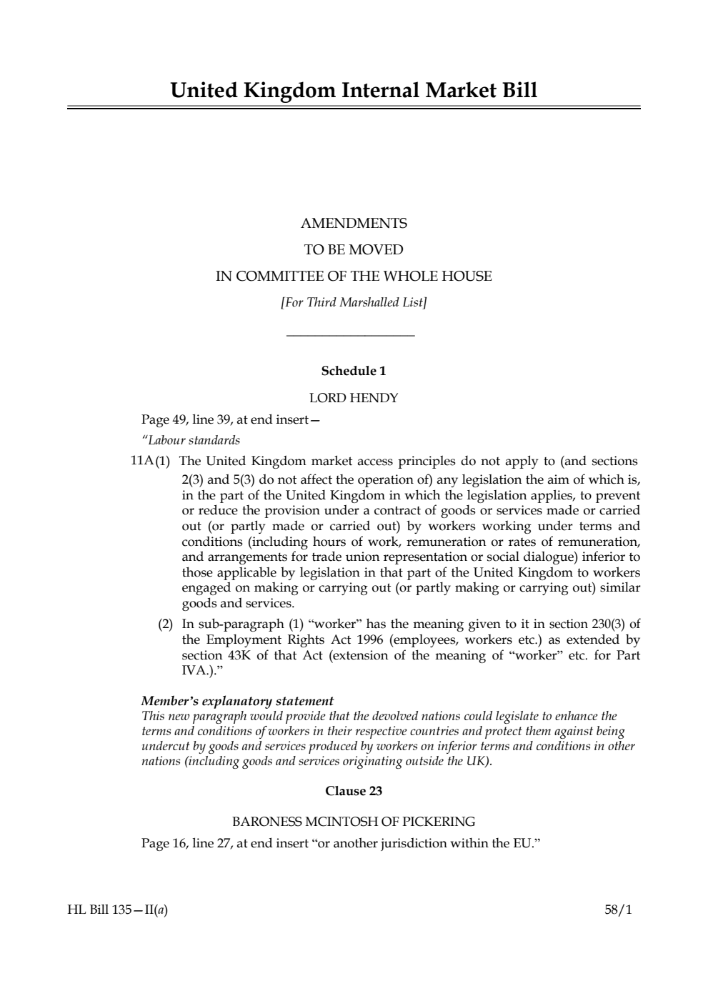United Kingdom Internal Market Bill Amendments to be moved in Committee of the Whole House