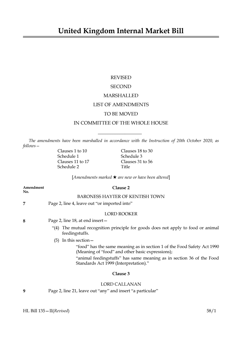 United Kingdom Internal Market Bill Revised Second Marshalled List of Amendments to be moved in Committee of the Whole House