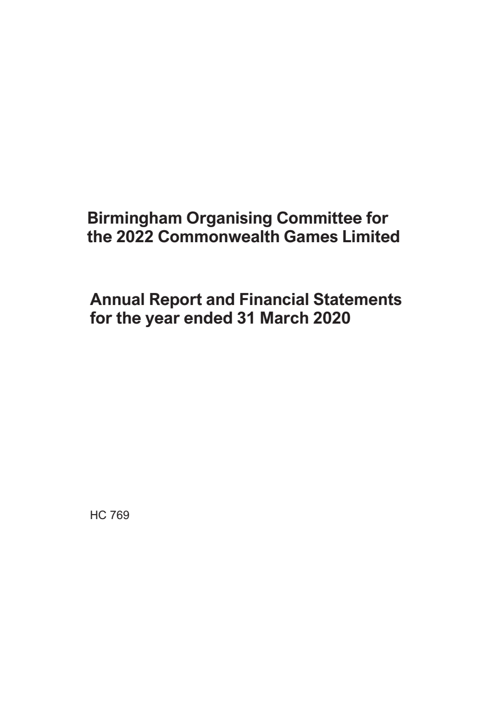 Birmingham Organising Committee for the 2022 Commonwealth Games Limited Annual Report and Financial Statements for the period ended 31 March 2020