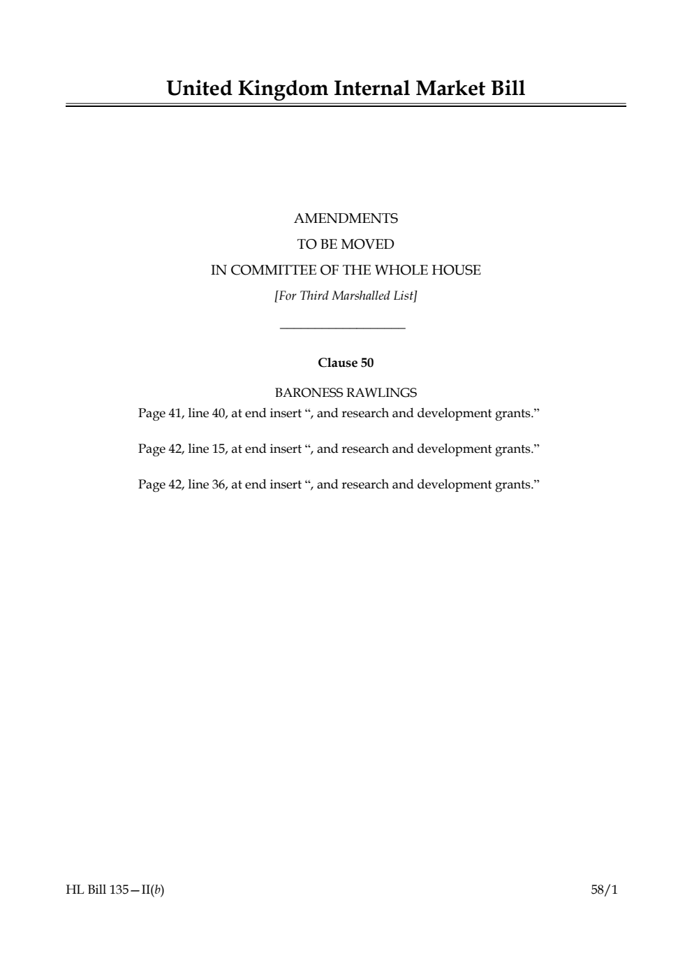 United Kingdom Internal Market Bill Amendments to be moved in Committee of the Whole House