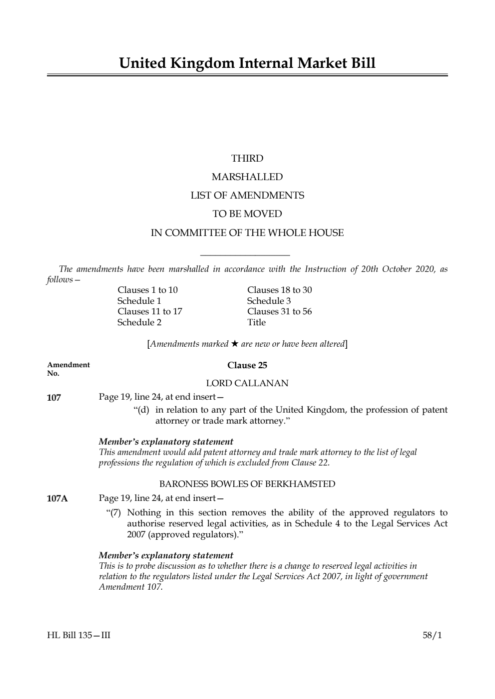 United Kingdom Internal Market Bill Third Marshalled List of Amendments to be moved in Committee of the Whole House