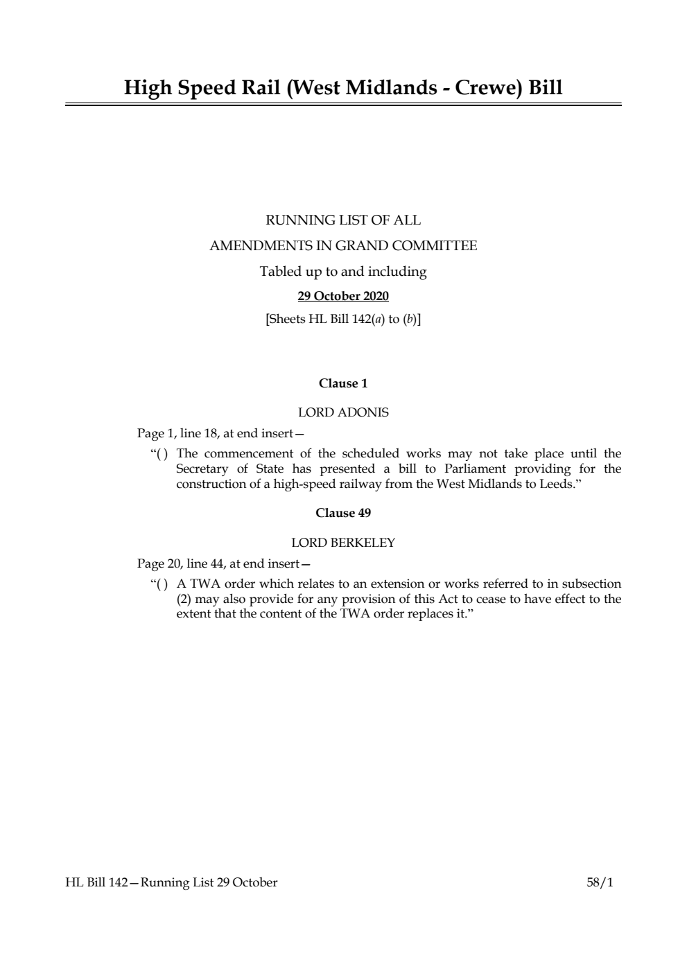 High Speed Rail (West Midlands - Crewe) Running List of All Amendments in Grand Committee Tabled up to and including 29 October 2020
