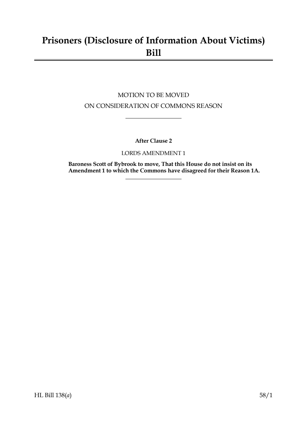 Prisoners (Disclosure of Information About Victims) Bill Motion to be moved on consideration of Commons reasons