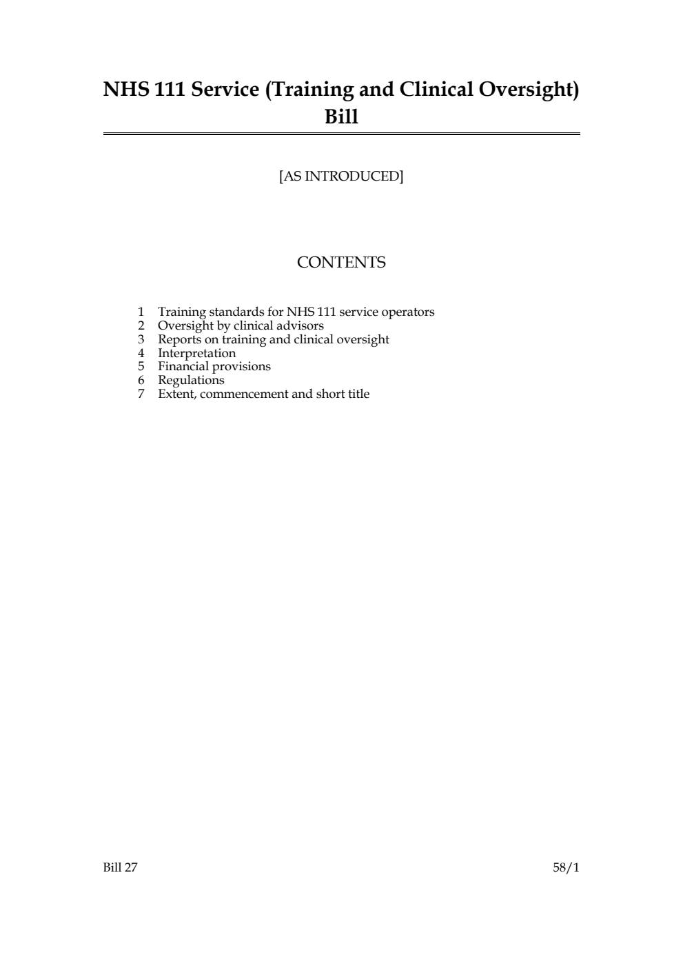 NHS 111 Service (Training and Clinical Oversight) Bill