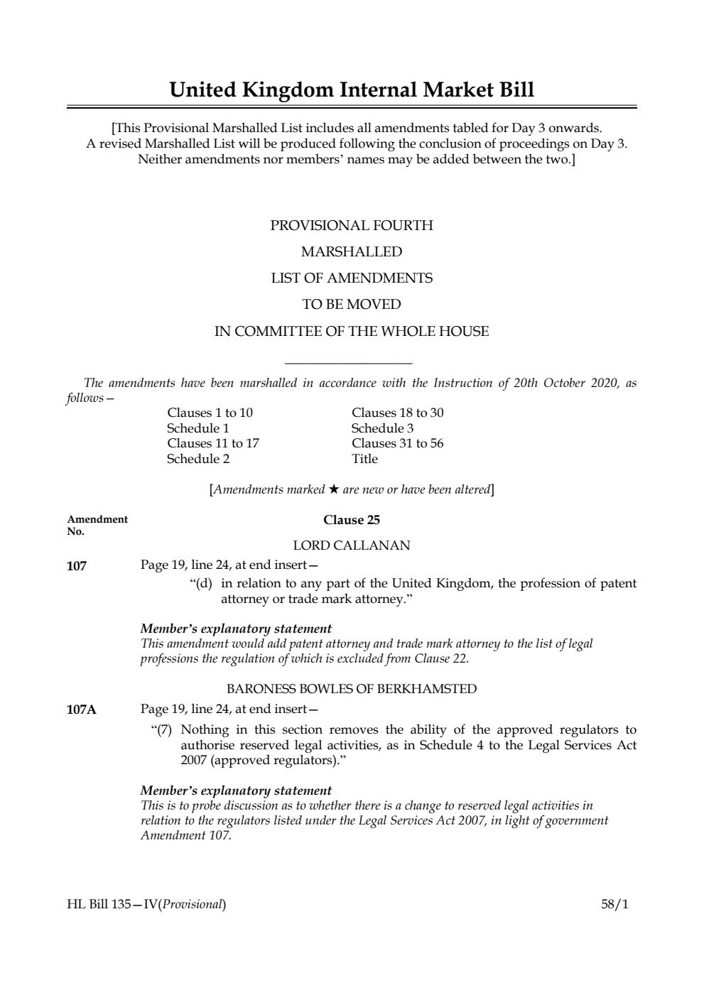 United Kingdom Internal Market Bill Provisional Fourth Marshalled List of Amendments to be moved in Committee of the Whole House
