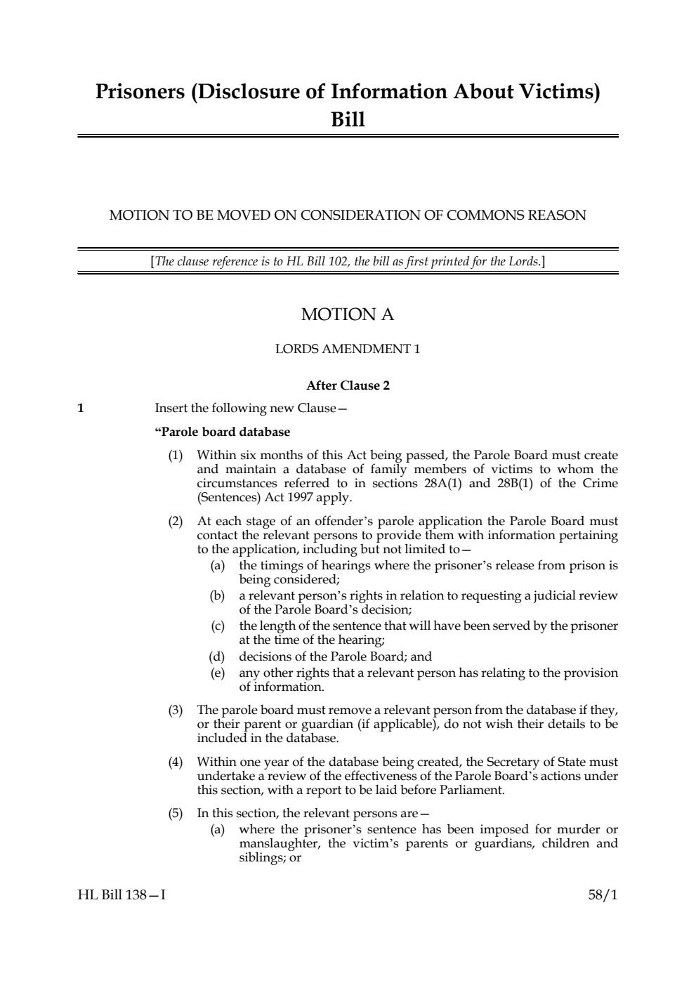 Prisoners (Disclosure of Information About Victims) Bill Motion to be moved on consideration of Commons reasons