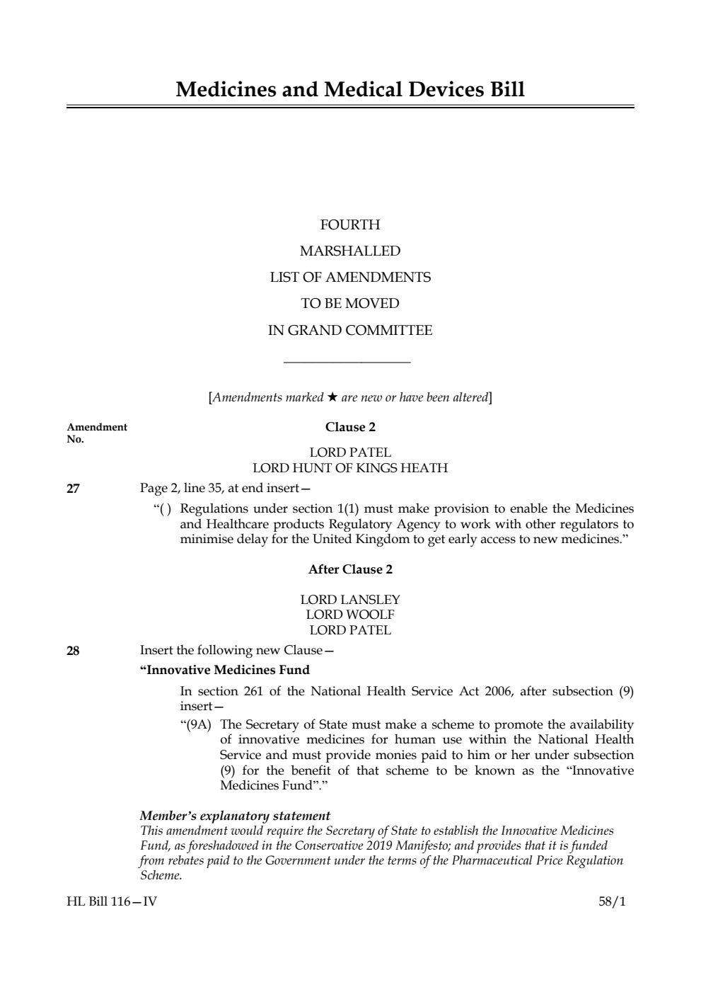 Medicines and Medical Devices Bill Fourth Marshalled List of Amendments to be moved in Grand Committee