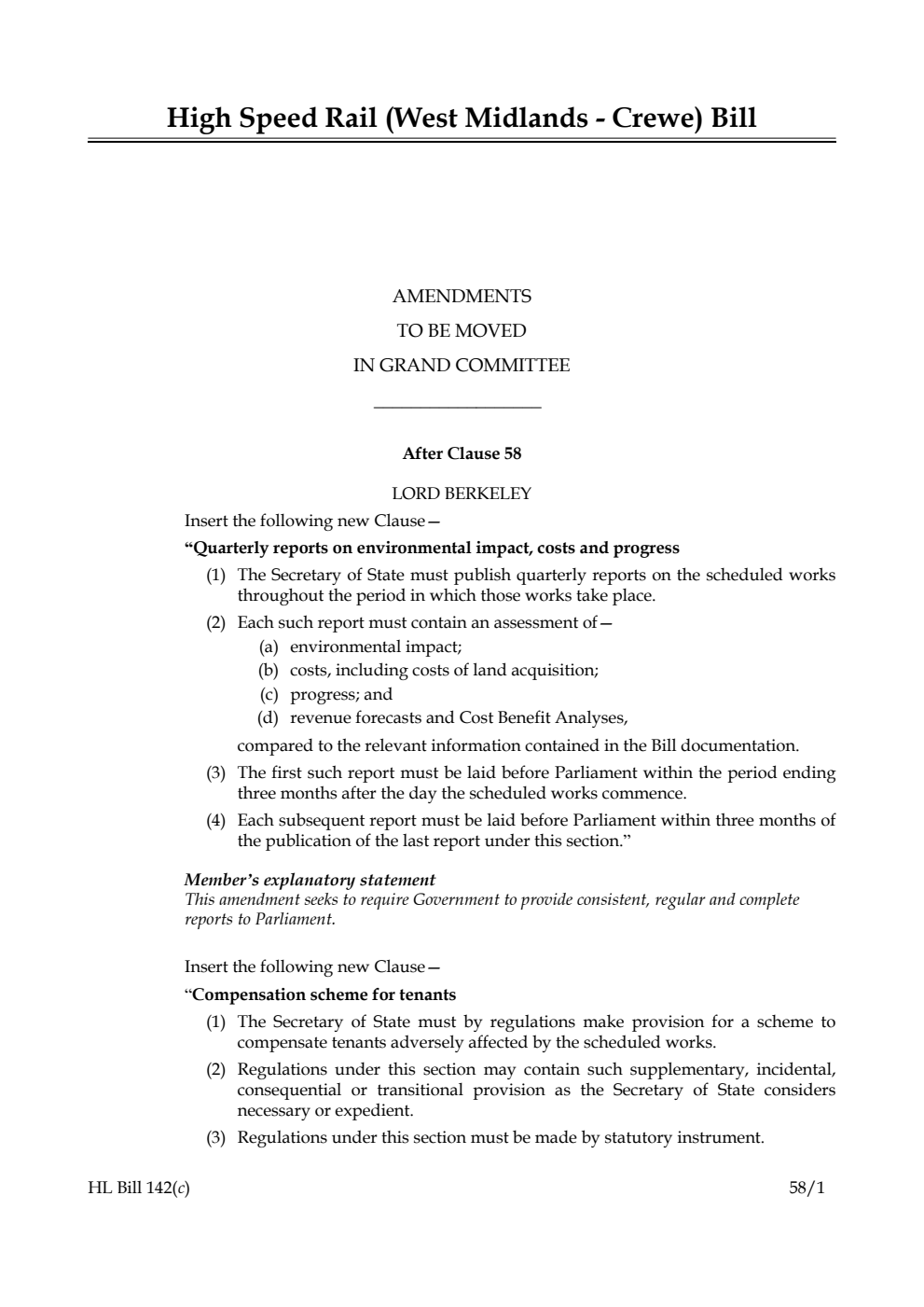 High Speed Rail (West Midlands - Crewe) Bill Amendments to be moved in Grand Committee