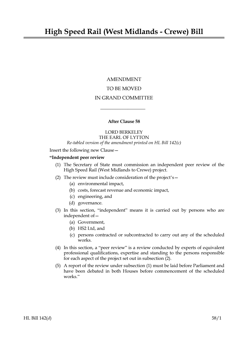 High Speed Rail (West Midlands - Crewe) Bill Amendment to be moved in Grand Committee