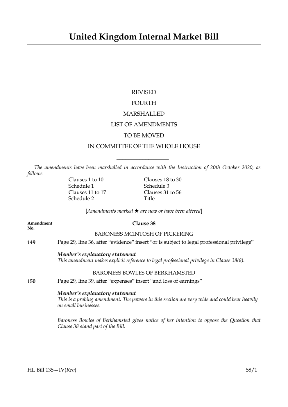 United Kingdom Internal Market Bill Revised Fourth Marshalled List of Amendments to be moved in Committee of the Whole House