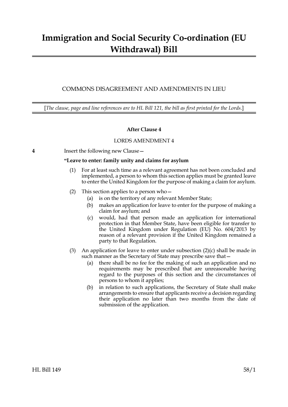 Immigration and Social Security Co-ordination (EU Withdrawal) Bill Commons disagreement and amendments in lieu