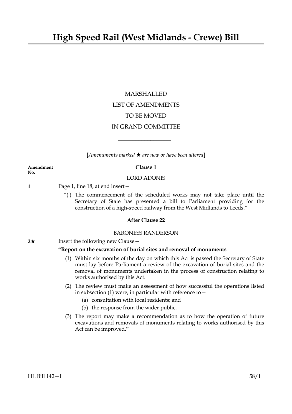 High Speed Rail (West Midlands - Crewe) Bill Marshalled List of Amendments to be moved in Grand Committee