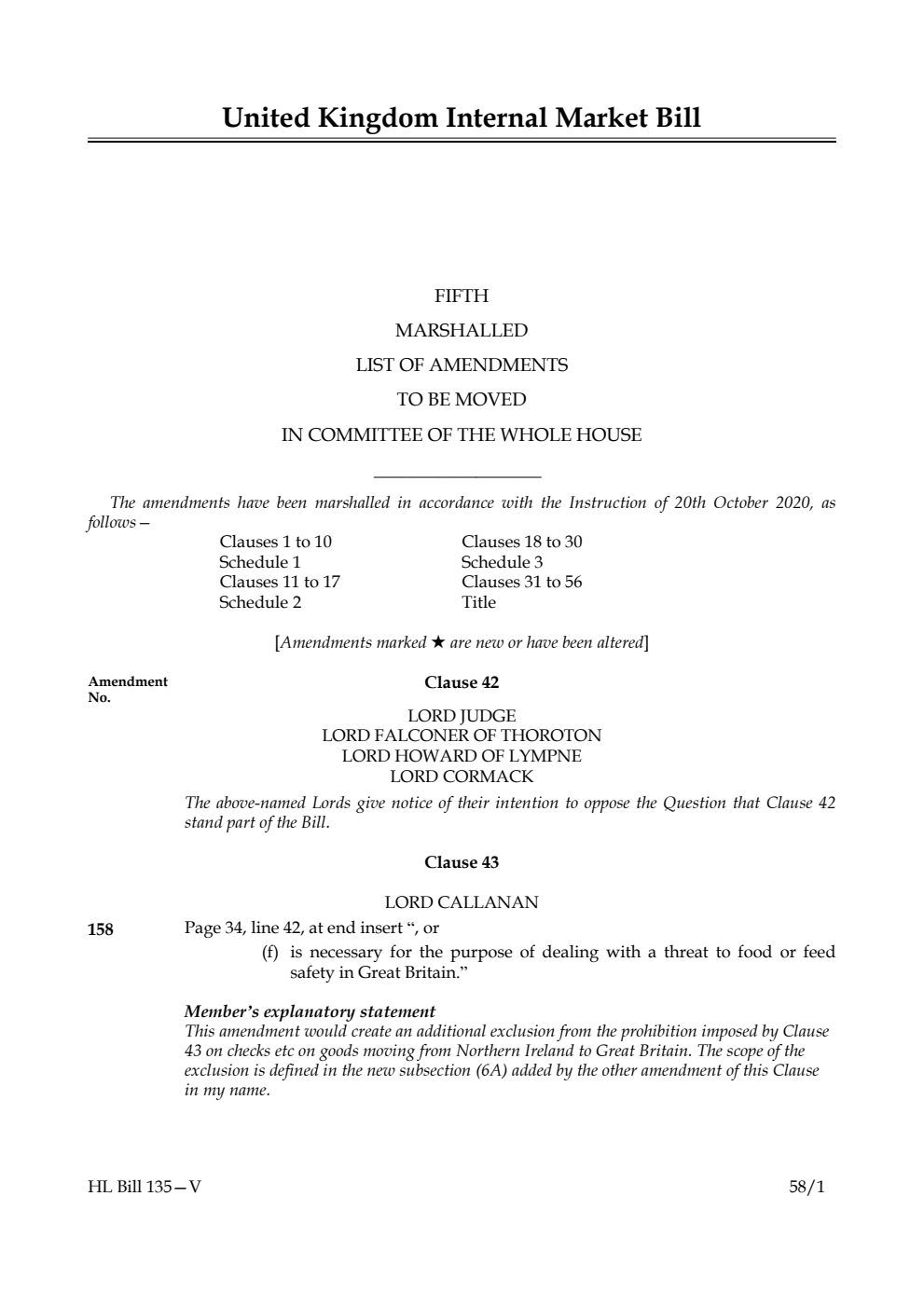United Kingdom Internal Market Bill Fifth Marshalled List of Amendments to be moved in Committee of the Whole House