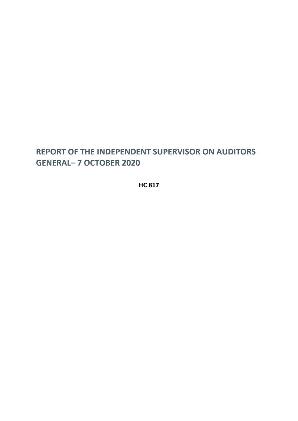 Report of the Independent Supervisor on Auditors General - 7 October 2020