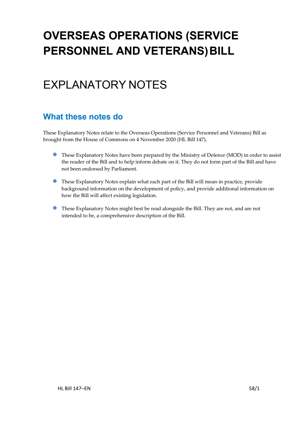 Overseas Operations (Service Personnel and Veterans) Bill Explanatory Notes