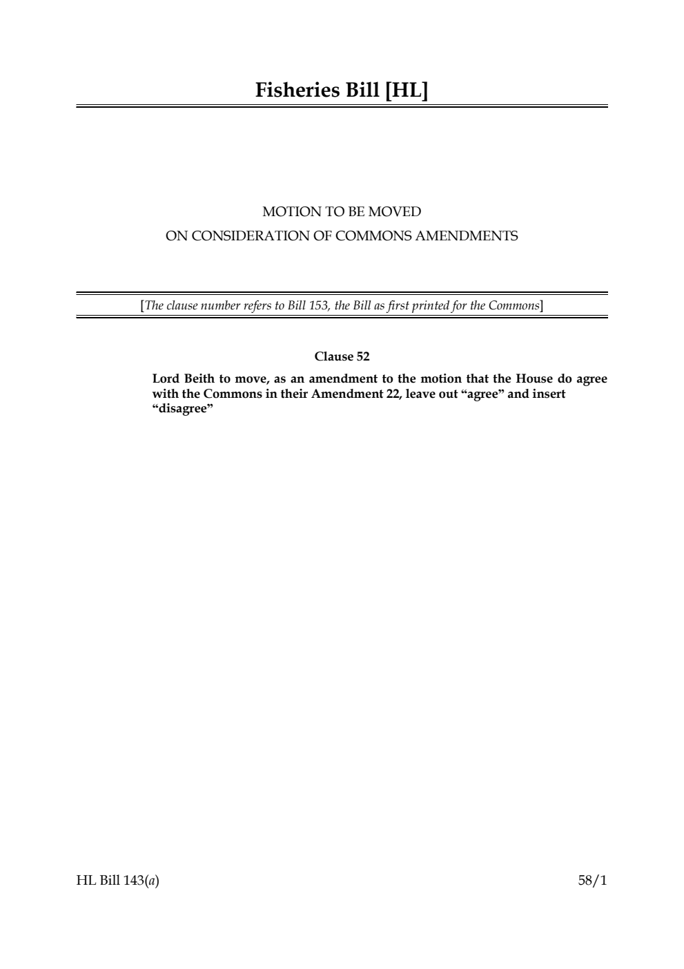 Fisheries Bill Motion to be moved on Consideration of Commons amendments