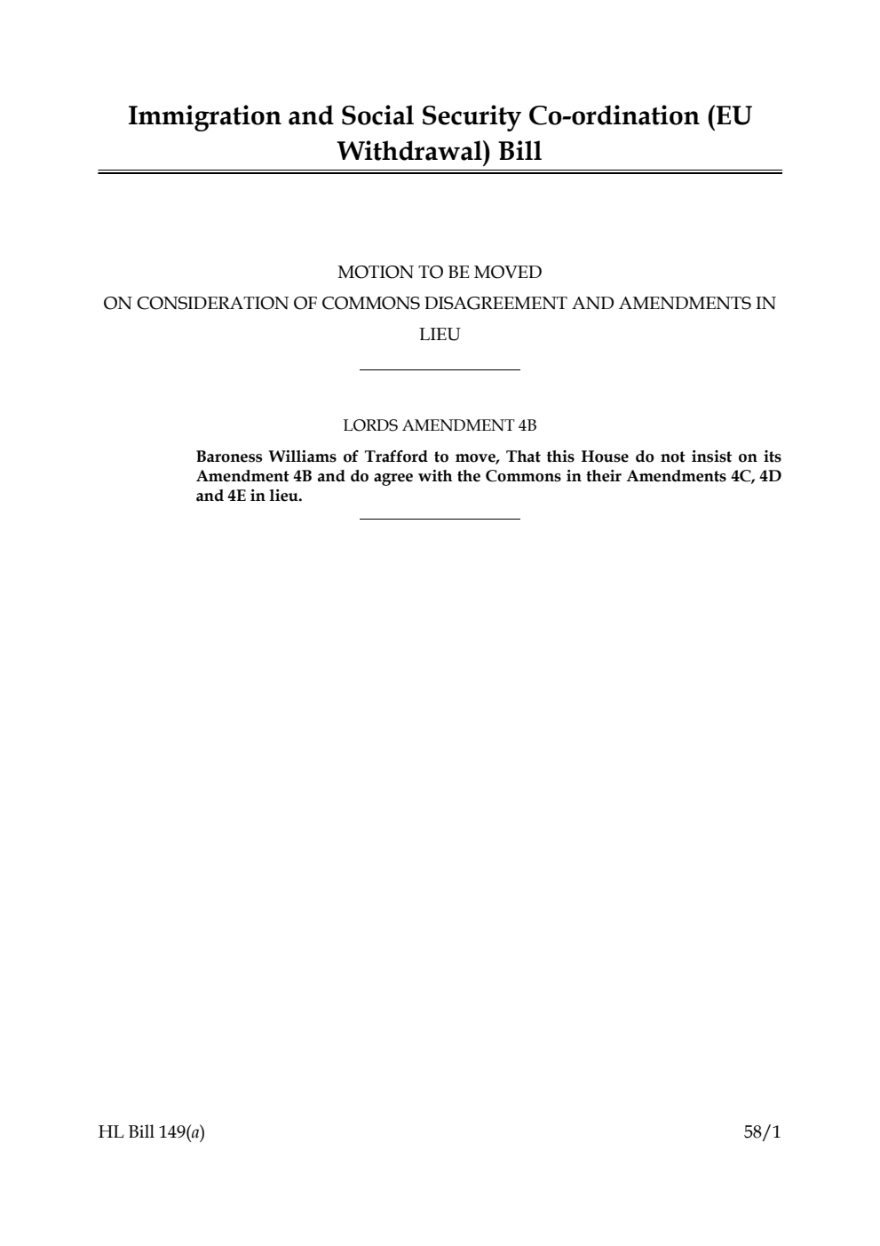 Immigration and Social Security Co-ordination (EU Withdrawal) Bill Motion to be moved on Consideration of Commons disagreement and amendments in lieu