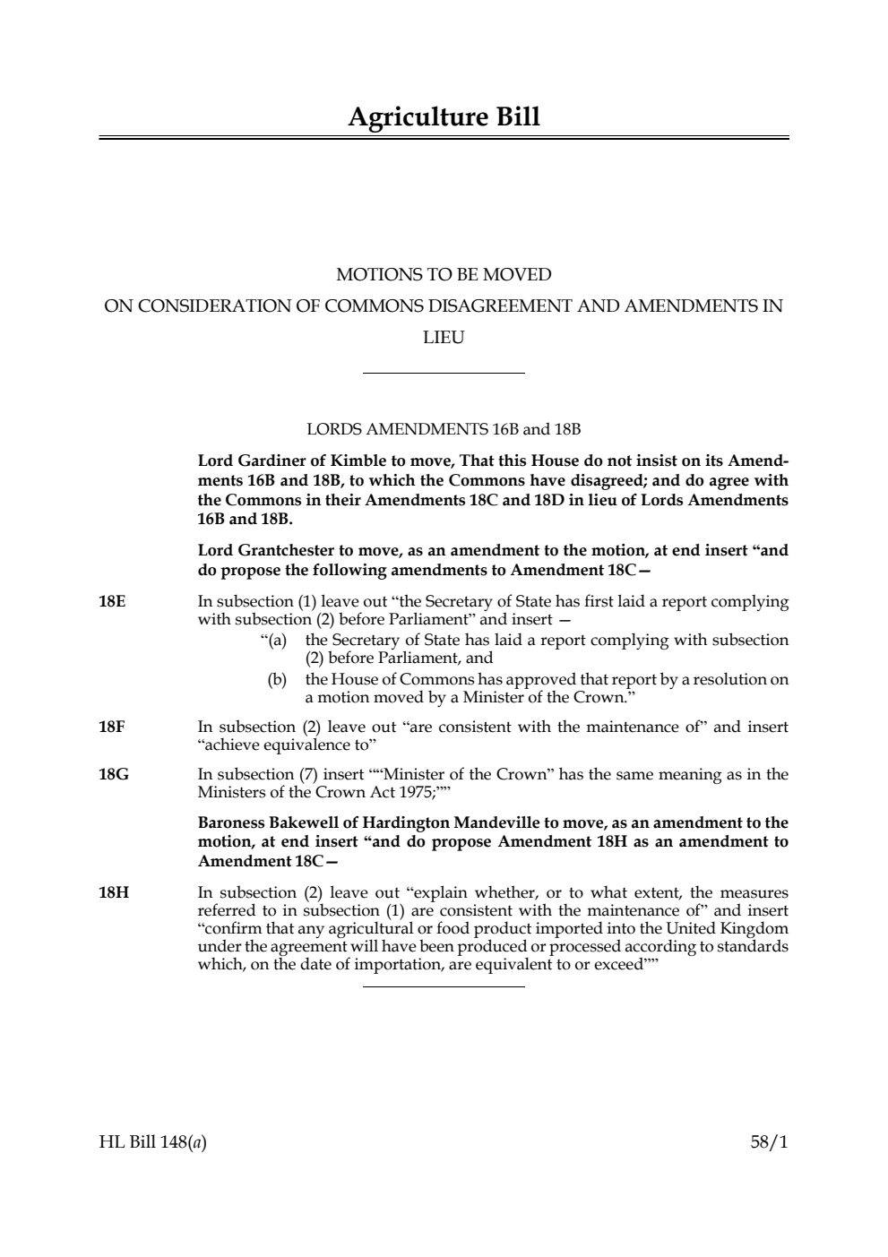 Agriculture Bill Motions to be moved on Consideration of Commons disagreement and amendments in lieu