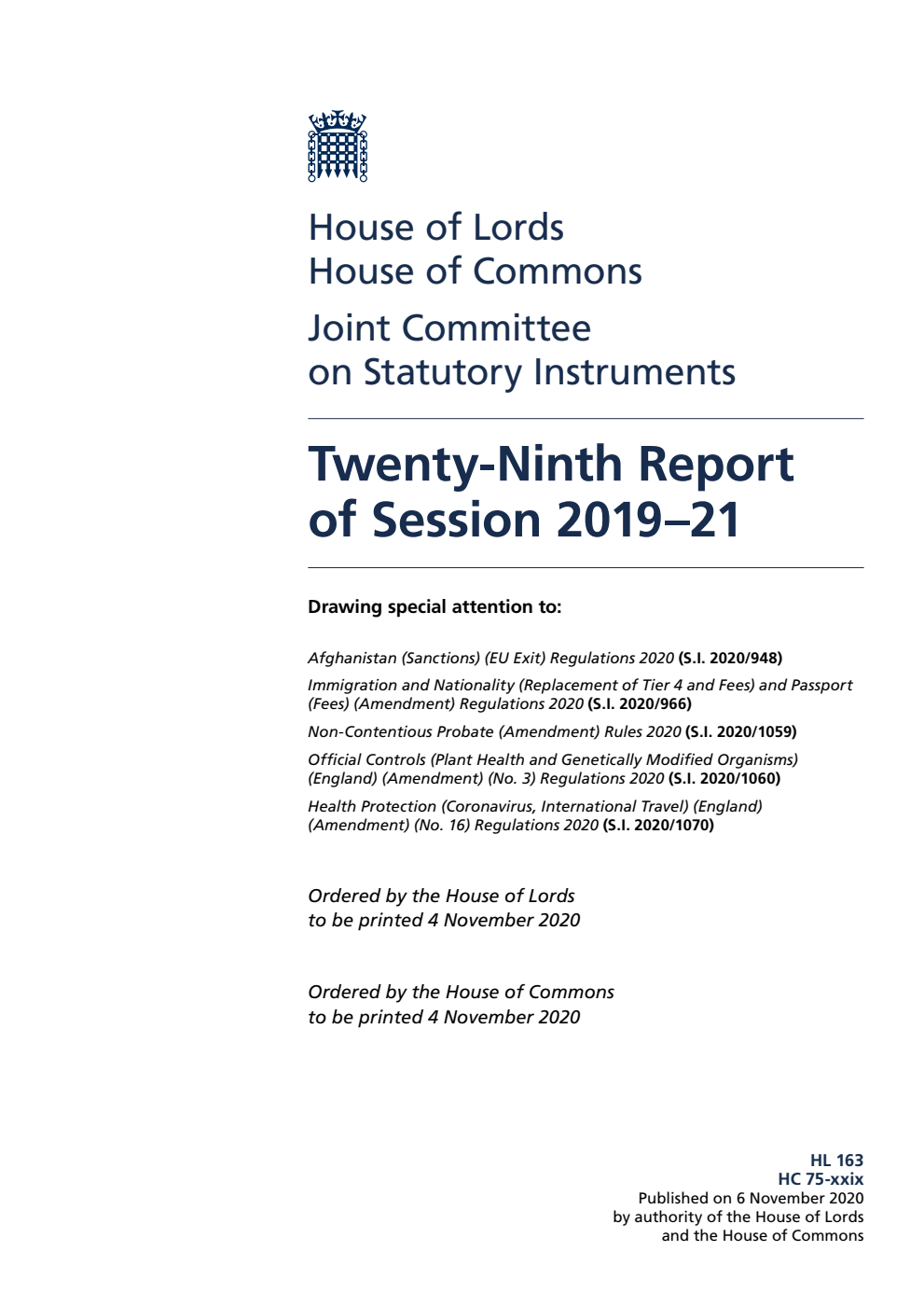 Joint Committee on Statutory Instruments 29th Report of Session 2019-21