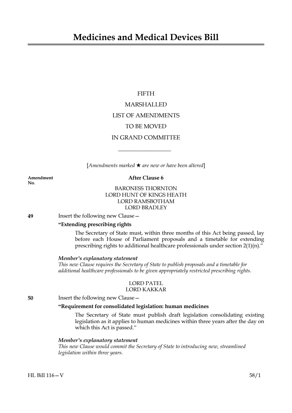 Medicines and Medical Devices Bill Fifth Marshalled List of Amendments to be moved in Grand Committee