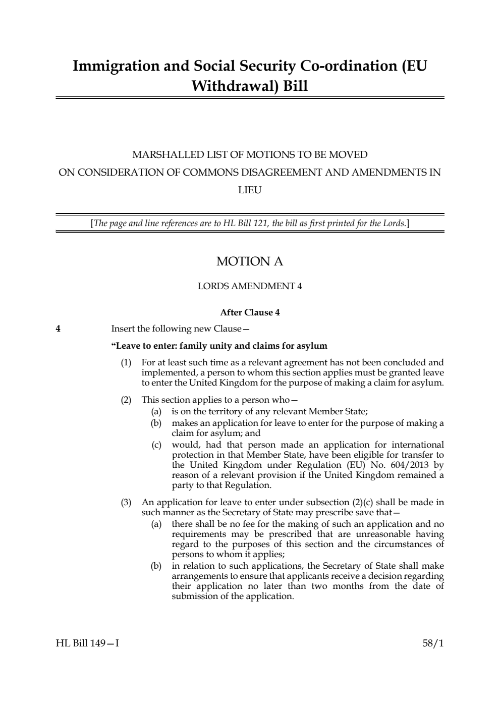 Immigration and Social Security Co-ordination (EU Withdrawal) Bill Marshalled List of Motions to be moved on Consideration of Commons disagreement and amendments in lieu
