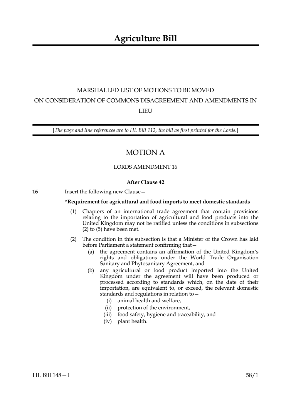 Agriculture Bill Marshalled List of Motions to be moved on Consideration of Commons disagreement and amendments in lieu
