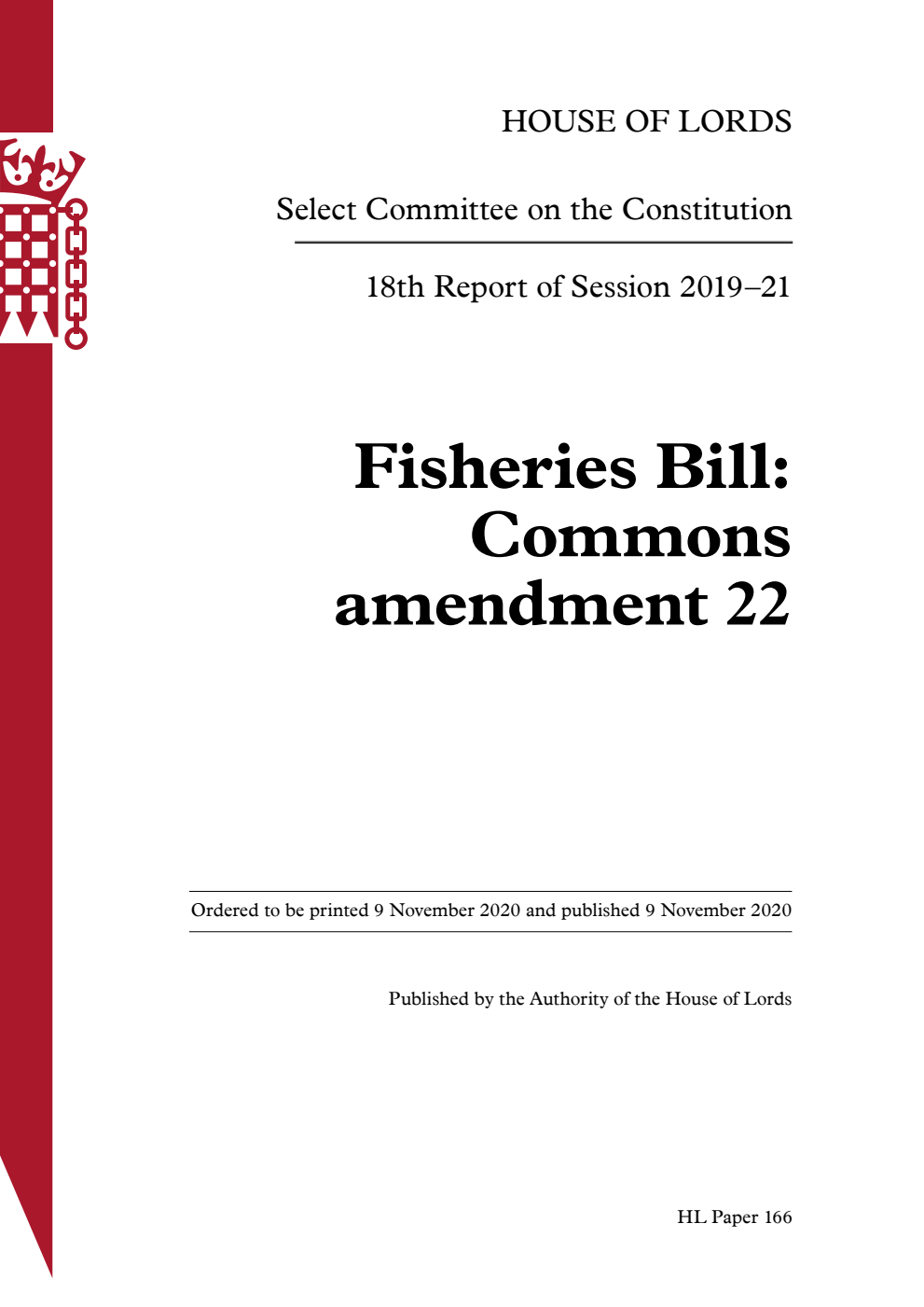 Constitution Committee 18th Report. Fisheries Bill: Commons amendment 22