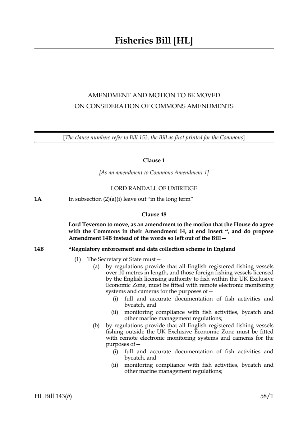 Fisheries Bill Amendment and Motion to be moved on Consideration of Commons amendments