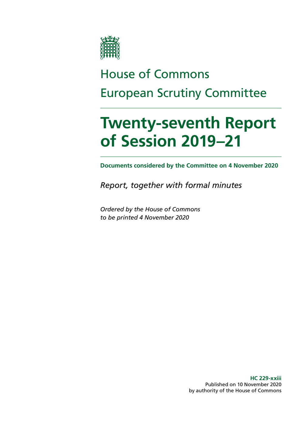 European Scrutiny Committee 27th Report of Session 2019-21