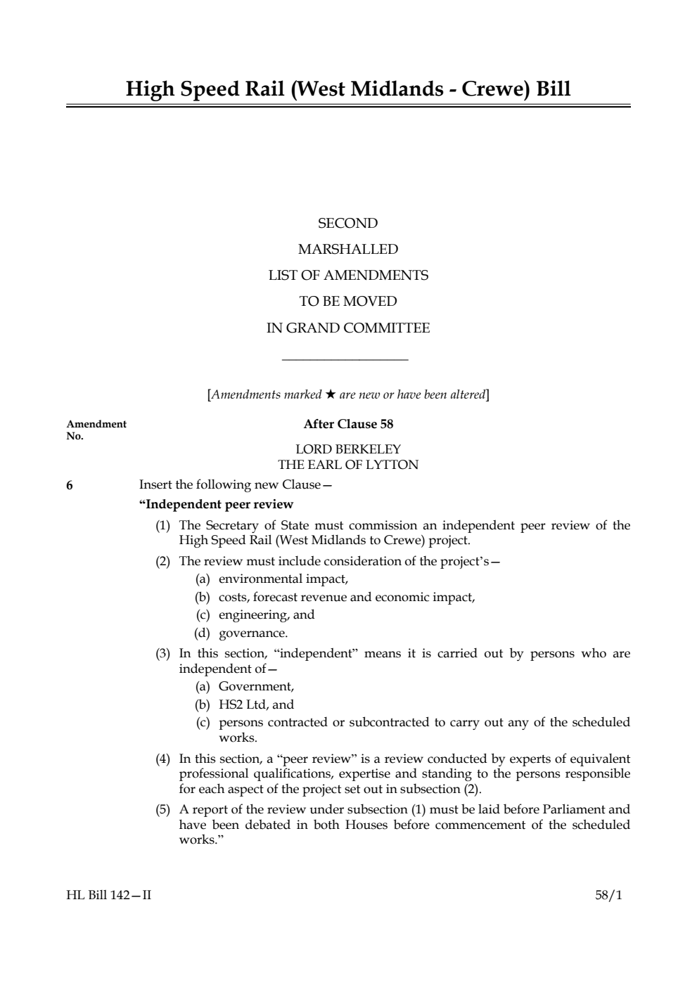 High Speed Rail (West Midlands - Crewe) Bill Second Marshalled List of Amendments to be moved in Grand Committee