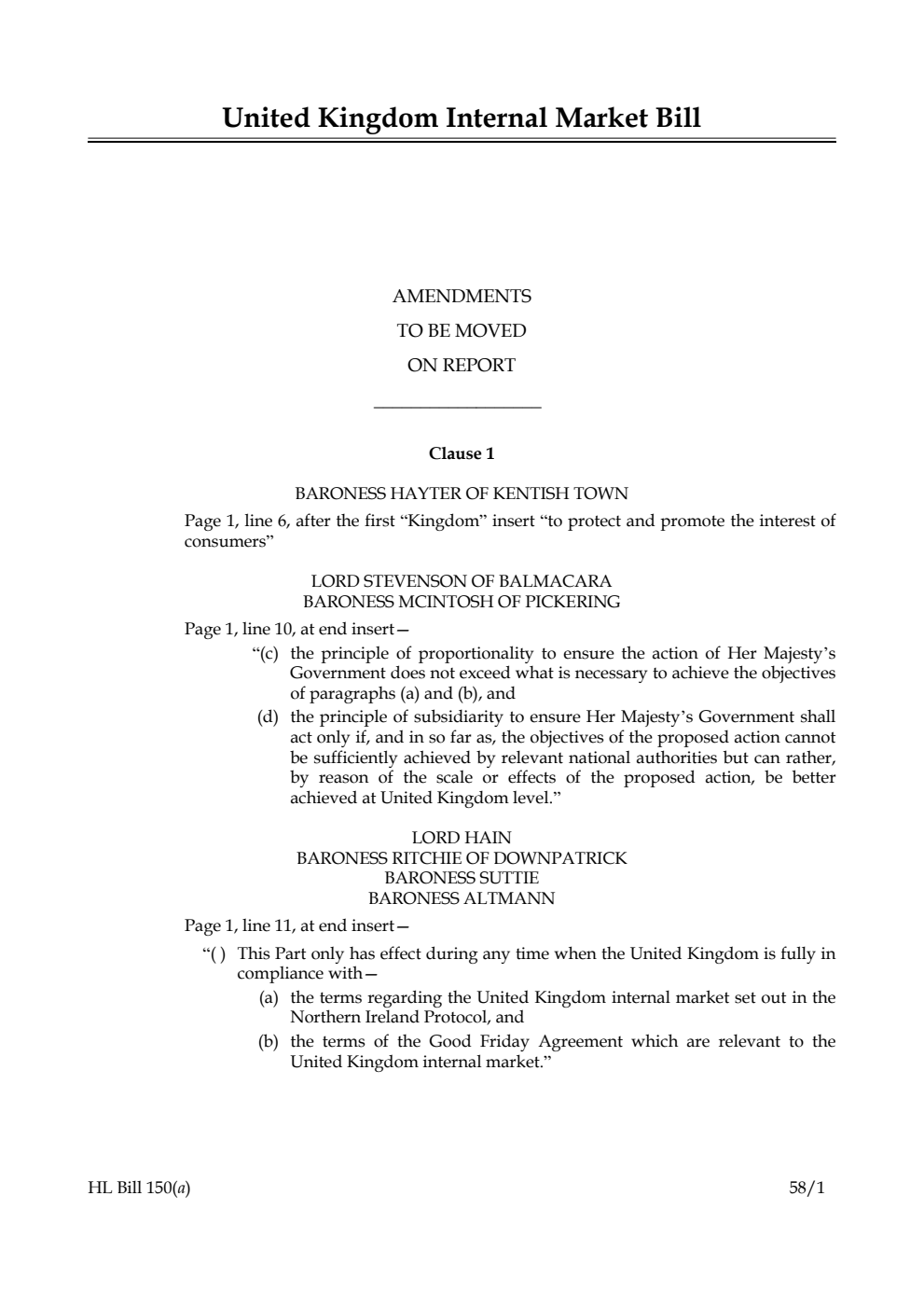 United Kingdom Internal Market Bill Amendments to be moved on Report