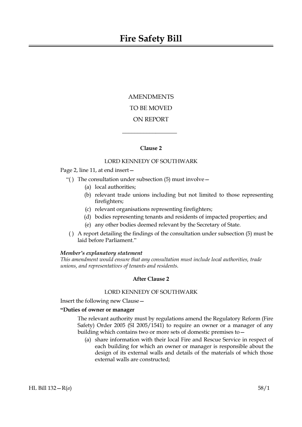 Fire Safety Bill Amendments to be moved on Report